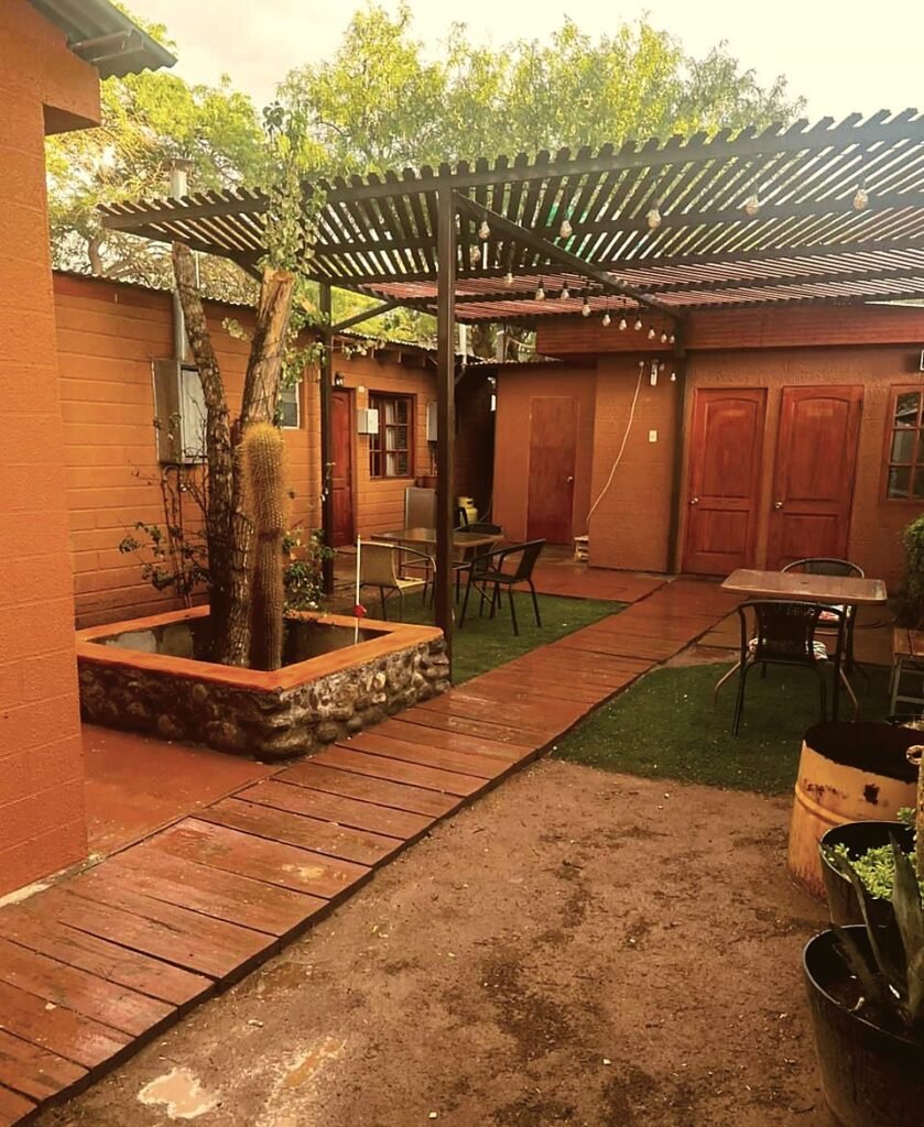 Patio central con pérgola y cactus